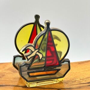 Vintage Stained Glass Style Sailboat Resin Napkin Holder Coastal Nautical Decor